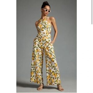 Farm Rio by Anthropologie Yellow and Green Floral Jumpsuit with Halter Neckline